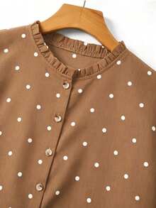 Blusa de mujer con cuello redondo, sin mangas, abotonada, con volantes y estampado de lunares vintage francés, versátil para el trabajo, el té de la tarde y el uso diario, suelta y casual - Café integral - Ver 5