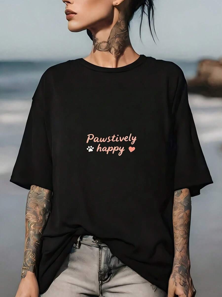 Camiseta Clásica para Mujer "Paw-Sitively Happy" | Cuello redondo suave | Regalos para Amantes de Perros | Camiseta para vacaciones de verano y reuniones familiares. Top cómodo y versátil de manga corta. - Negro - Ver 1
