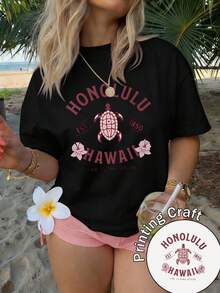 Women's Short-Sleeved Crew Neck T-Shirt, 100% Cotton, Machine Washable, Easy Care, Casual Design With Hawaiian Turtle And Floral Motifs, Showing A Tropical Charm, Printed Design, New Style Top For Summer 2026, Suitable For Travel And Daily Wear. - 黑色 - 查看 6