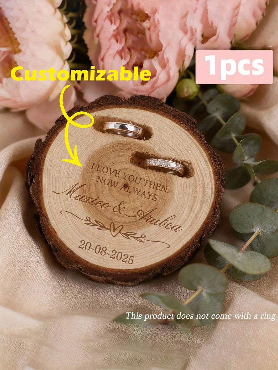 1pc Customizable Personalized Ring Box,Personalized Carved Wooden Ring Box,Rustic Ring Box, Double Engagement Ring Box For Wedding Ceremony, Wooden Ring Box, Gift For Him Her, Proposal, Anniversary Gift, Jewelry Boxes,Wedding, Engagement - Multicolor - View 1