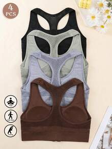 4 buah Bra Olahraga Tanpa Jahitan dengan Desain Silang dan Lubang-Lubang, Bra Pendek Elastis dengan Resleting Depan untuk Wanita - MultiWarna - View 5