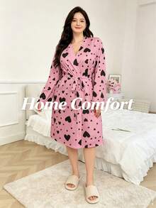 Women's Plus Size Long Sleeve Pink Heart Pattern Bathrobe With Belt, Ribbed Texture Loose Fit Morning Robe, Mid-Length Suitable For Summer, Spring And Autumn, For Bathroom, Gym, Hotel, Beach Vacation, Daily Essentials, Home And Travel, Holiday Gift - Multicolor - View 6