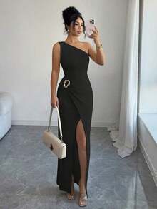 New Women's Sexy Solid Color Maxi Dress With Asymmetrical Shoulder, Twisted And Ruched, Asymmetrical Neckline, Knit Texture And Fitted Style, Twisted Design With Slit, Elegant Outfit For Women, Dress For Spring/Summer Party, Vacation, Valentine's Day - 黑色 - 查看 1