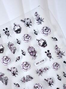 1 miếng dán móng tay hình bộ xương Gothic dập nổi, hình trái tim và hoa hồng đen bất đối xứng, phù hợp cho các bữa tiệc theo chủ đề, họa tiết phong phú và bền. - Nhiều màu - Xem 3