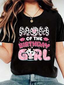 1 Piece Cow Family Print T-Shirt "Birthday Mom And Dad", Women's Casual Short Sleeve Top For Spring And Summer, Graphic Tees For Women, 180g 100% Cotton - 黑色 - 查看 1