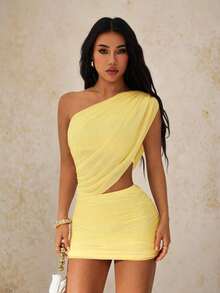 PETITE Women Mini Solid Color Asymmetrical Neck Dress, Fashionable For Summer,Party Dress - Light Yellow - View 3