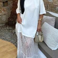 Women's Round Neck Contrast Lace Dress, Sexy Casual Knitted Fabric Dress, Spring/Summer Elegant White - Negro - Ver 2