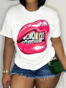 Lip Print T-Shirt, Short Sleeve, Round Neck, Casual Top, Summer And Spring, Women's Clothing, Women's T-Shirts - 白色 - 查看 1