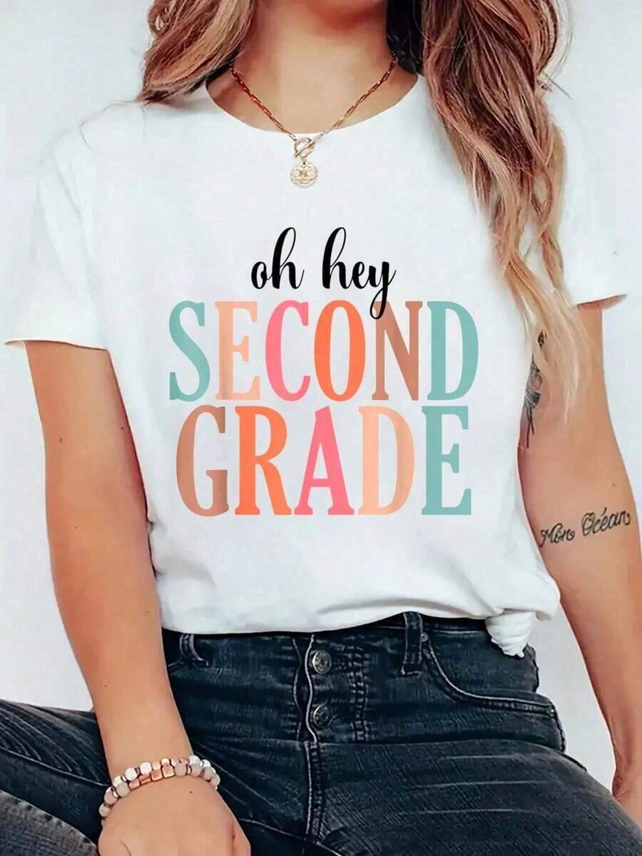 Retro T-Shirt For Second Grade Teacher For The First Day Of School, Printed T-Shirt, Casual, Round Neck, Short Sleeve, Comfortable, For Spring And Summer, Women's Clothing - 白色 - 查看 1