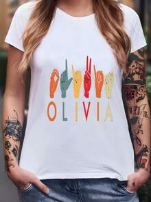 Personalized American Sign Language (ASL) T-Shirt For Women, Gift For Speech Therapists, Deaf Community, ASL T-Shirt, Personalized Name T-Shirt, Deaf Pride T-Shirt - White - View 1