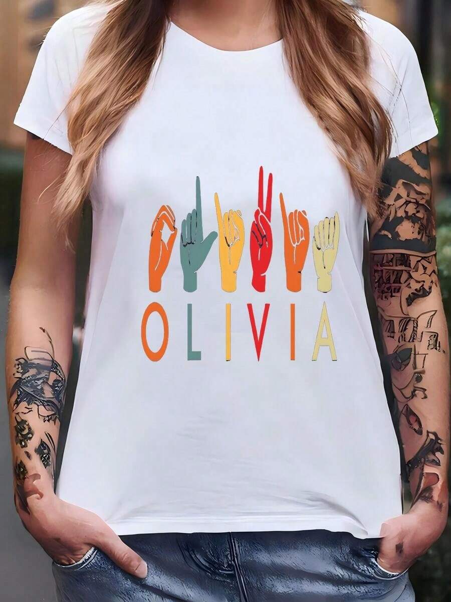 Personalized American Sign Language (ASL) T-Shirt For Women, Gift For Speech Therapists, Deaf Community, ASL T-Shirt, Personalized Name T-Shirt, Deaf Pride T-Shirt - White - View 1
