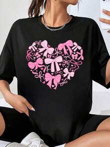 Women's Casual T-Shirt With Pink Heart-Shaped Bow, Lovely Valentine's Day Gift, Fashionable Casual Top For Spring Summer - 黑色 - 查看 1