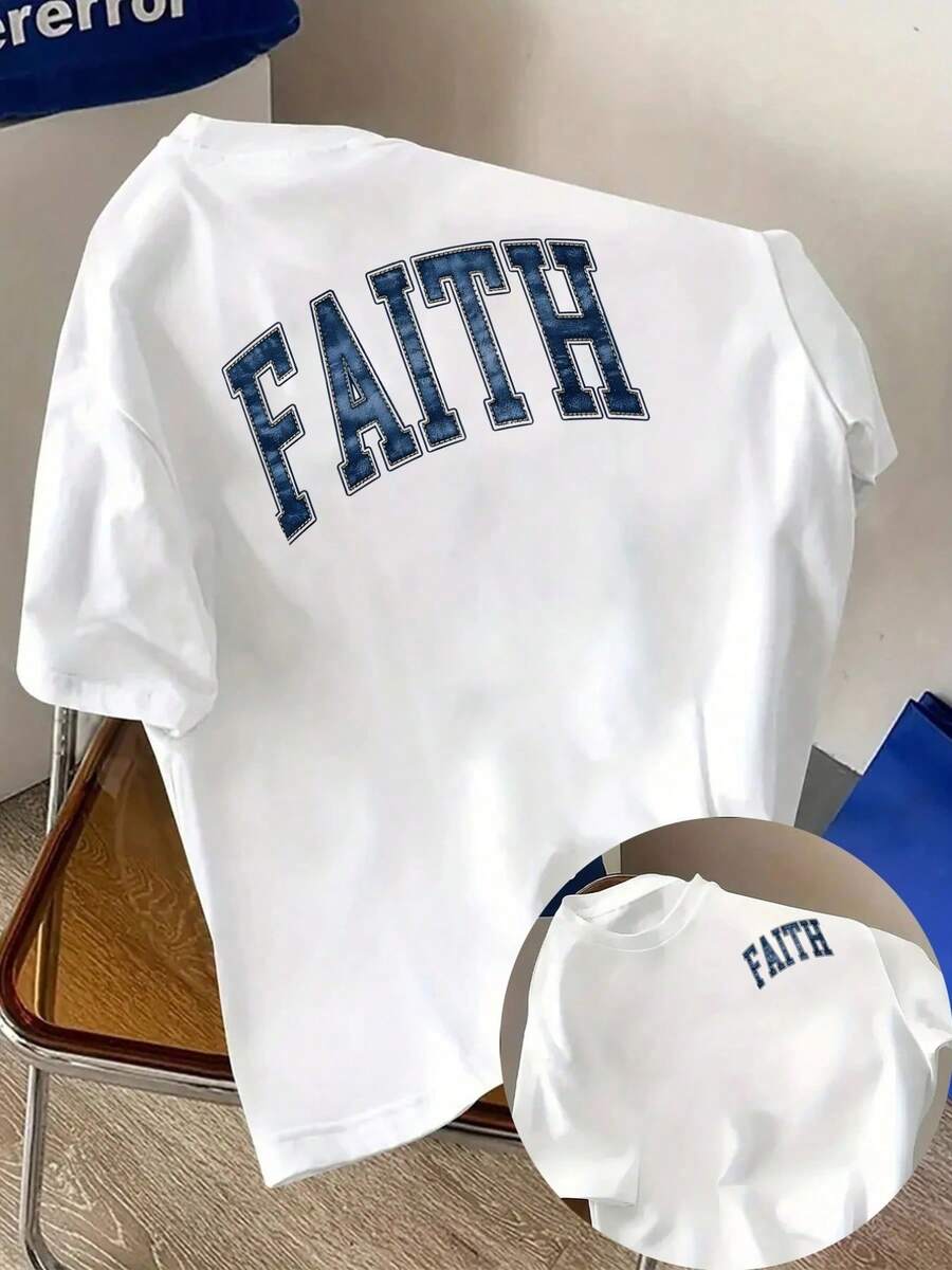New Men's T-Shirt, 180g Heavyweight, % Cotton, FAITH, Faith-Themed Print On The Front And Back, Men's Fashion Short Sleeve, Suitable For Daily Casual Wear And Outdoor Fitness Activities, Unique Double-Sided Pattern Design - For Spring And Autumn As An Inner Layer And For Summer As An Independent Garment, Unisex. - 白色 - 查看 1