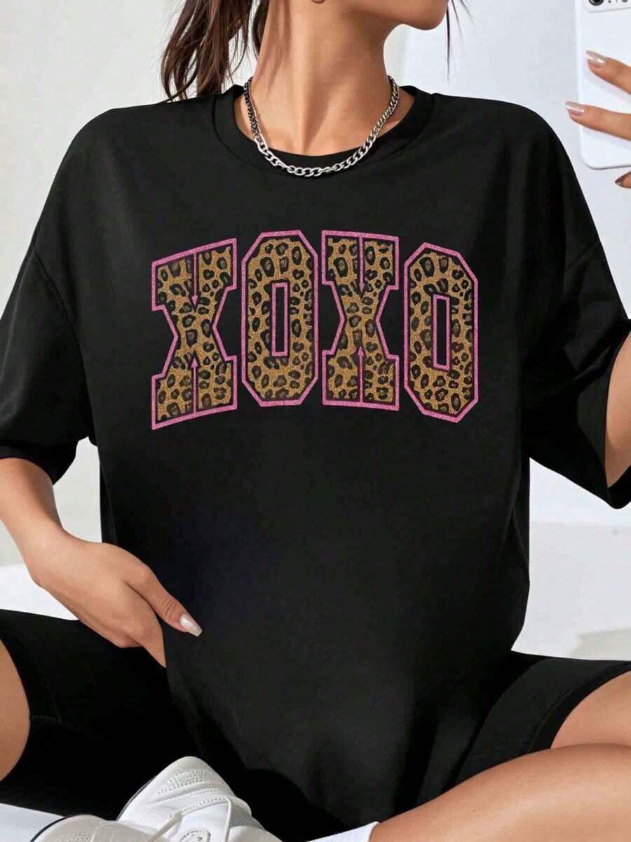 Camiseta Oversize con Estampado de Leopardo Xoxo para Mujer, Top Casual de Moda, Estilo Streetwear, Camiseta Gráfica para Uso Diario y Regalo - Negro - Ver 1