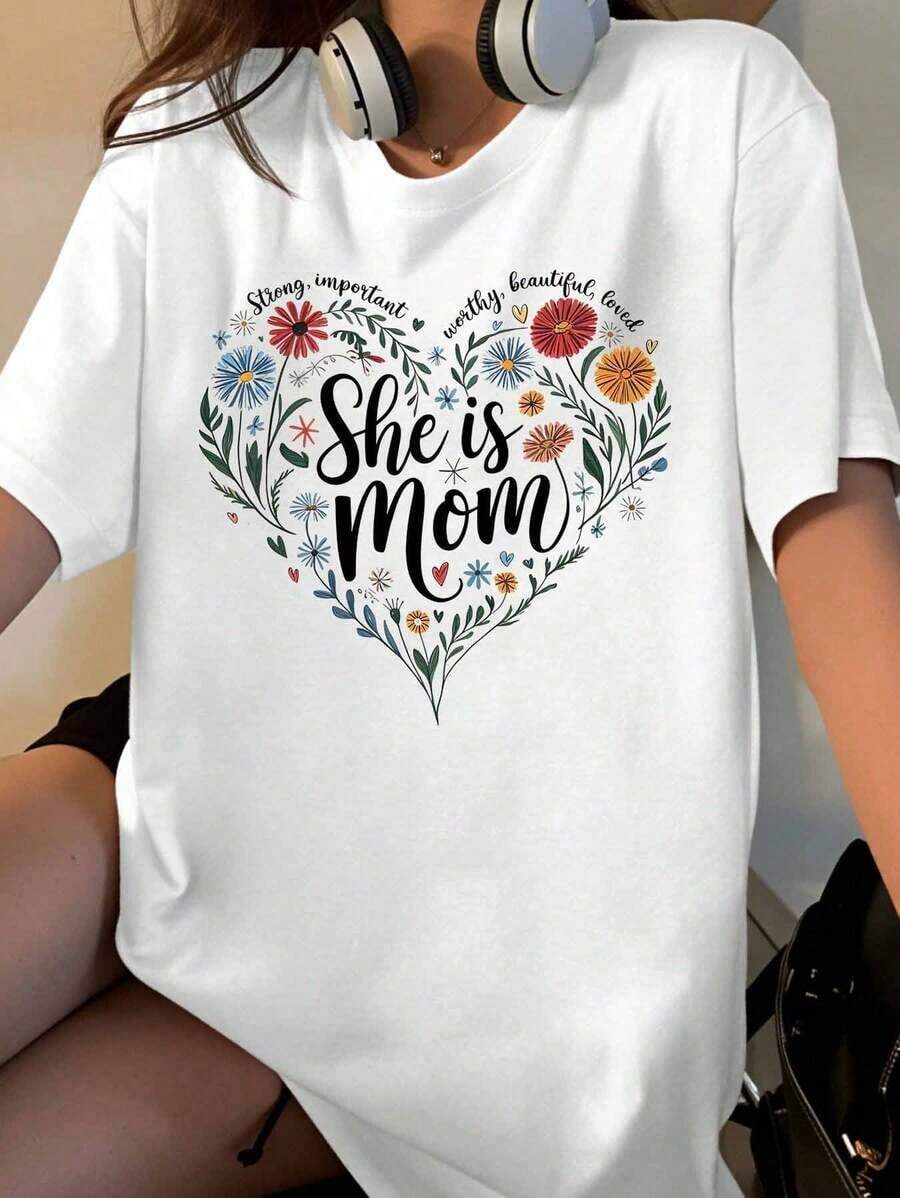 Women's Floral Design T-Shirt "She Is Mom", Mother's Day Gift, Cute, Important, Precious And Loved T-Shirt, Casual Wear - 白色 - 查看 1