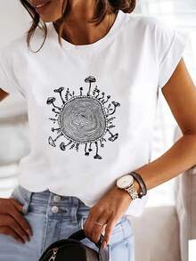 Women's Casual Top.  Women's Clothing With Popular Mushroom And Tree Stump Prints, Featuring A Round Neck Design. A Must-Have For Everyday Casual Wear. - 白色 - 查看 1
