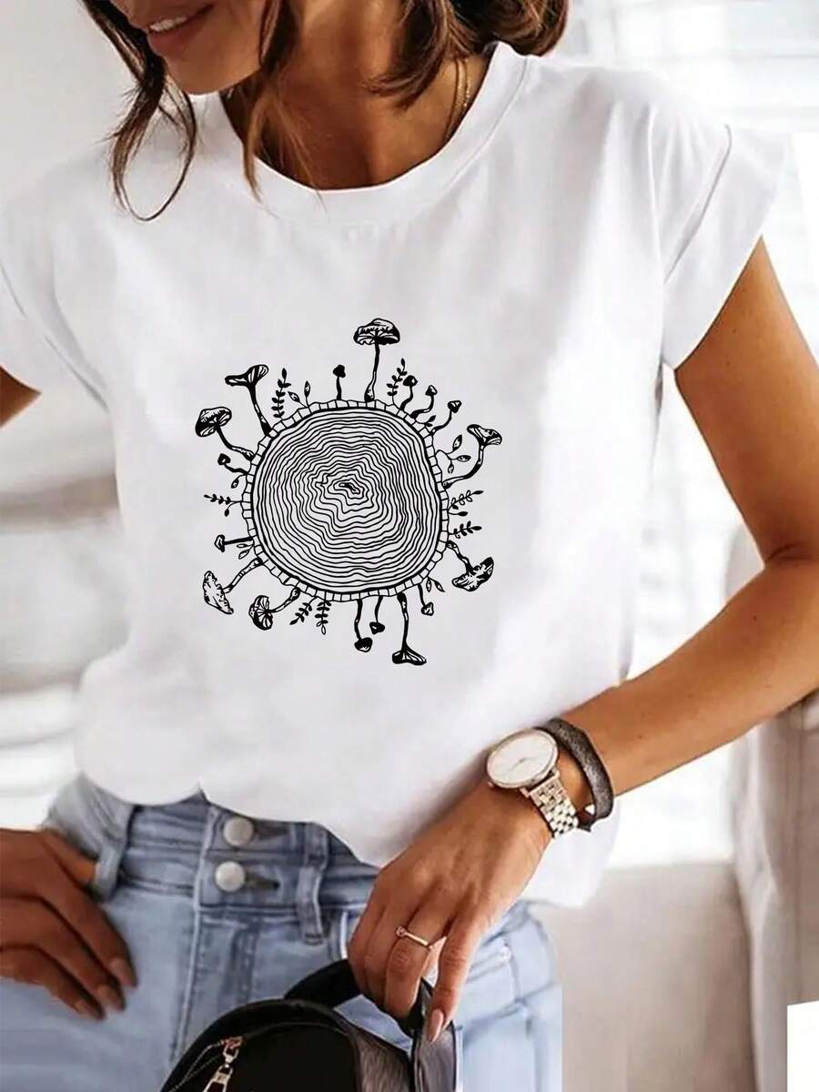 Women's Casual Top. Women's Clothing With Popular Mushroom And Tree Stump Prints, Featuring A Round Neck Design. A Must-Have For Everyday Casual Wear. - 白色 - 查看 1