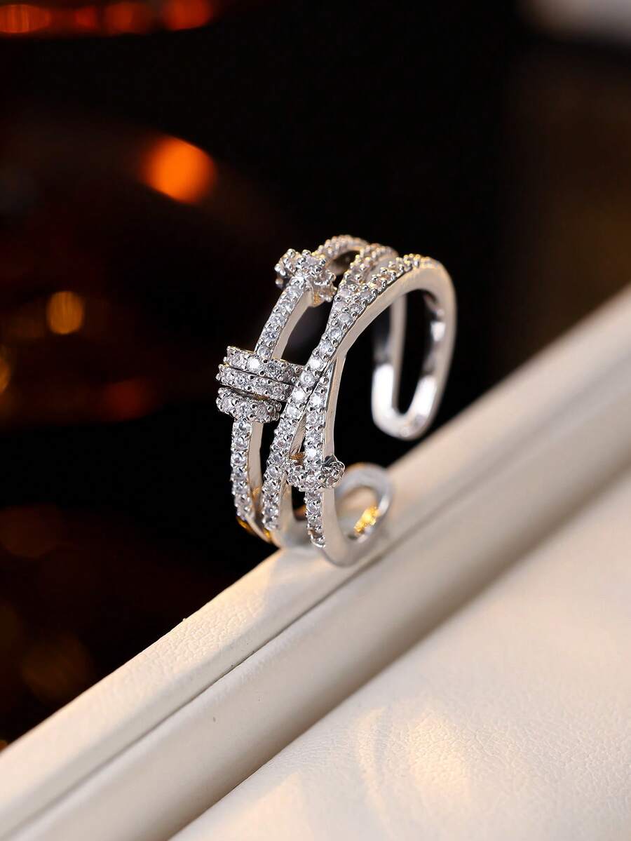 1pc Luxury Intersecting Geometric Micro-Inlaid Zirconia Ring, Minimalist Style Adjustable Fashionable Personalized Ring Accessory - Open Ring - View 1