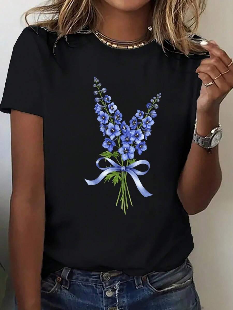 Camiseta Holgada para Mujer de Talla Grande - Estampado Floral Blanco y Azul, Camiseta Casual de Manga Corta, Transpirable y Suave con Cuello Redondo, Adecuada para Uso Diario en Primavera y Verano, Lavable a Máquina. Camiseta holgada para mujer, cómoda y versátil. - Negro - Ver 1