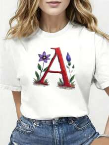 Women's White T-Shirt With A Large Red Three-Dimensional Letter A, Green Leaf Pattern And A Central Purple And Yellow Flower (With Green Stems) -- Casual Round Neck Design, Lightweight And Suitable For Daily Wear, A Choice For Spring And Summer - Unisex Cotton T-Shirt, Urban Vintage Style, Loose Fit, Short Sleeve And Round Neck. - 白色 - 查看 7