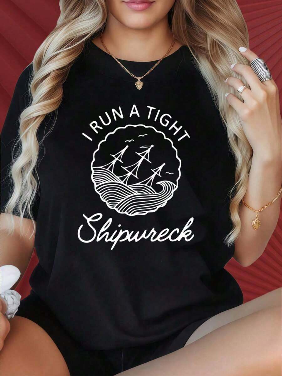 Women's Round Neck, Short-Sleeved T-Shirt With A Fun Print. A Fitted Black T-Shirt With A Nautical Design And Sailboat Print, Perfect For Beach And Summer Outfits. Suitable For Christmas Parties, Sports Activities, Vacations, Outings, And Other Festive Gifts (220g). Women's Blouses - 黑色 - 查看 1
