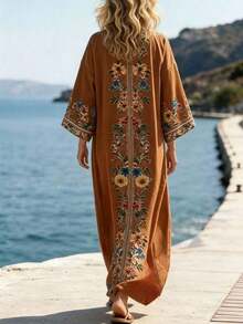 Holidaya Vestido largo y suelto con estampado floral, vestido casual de playa, vestido largo con estampado floral como cubierta, adecuado para vacaciones, viajes, playa, ocio al aire libre, vida diaria, compras, reuniones con amigos, viajes al sudeste asiático/islas, eventos temáticos, fiestas de verano al aire libre, picnics, atuendo ligero para vacaciones - Amarillo - Ver 8