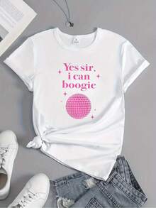 "Yes Sir, I Can Dance" Summer T-Shirt, Minimalist Style, Inspired By The 70s, 80s And Y2K, Disco Dance Top, Birthday Or Party Gift With Disco Ball Print, Sporty And Casual Short Sleeve For Spring-Summer, Women's Clothing - 白色 - 查看 1