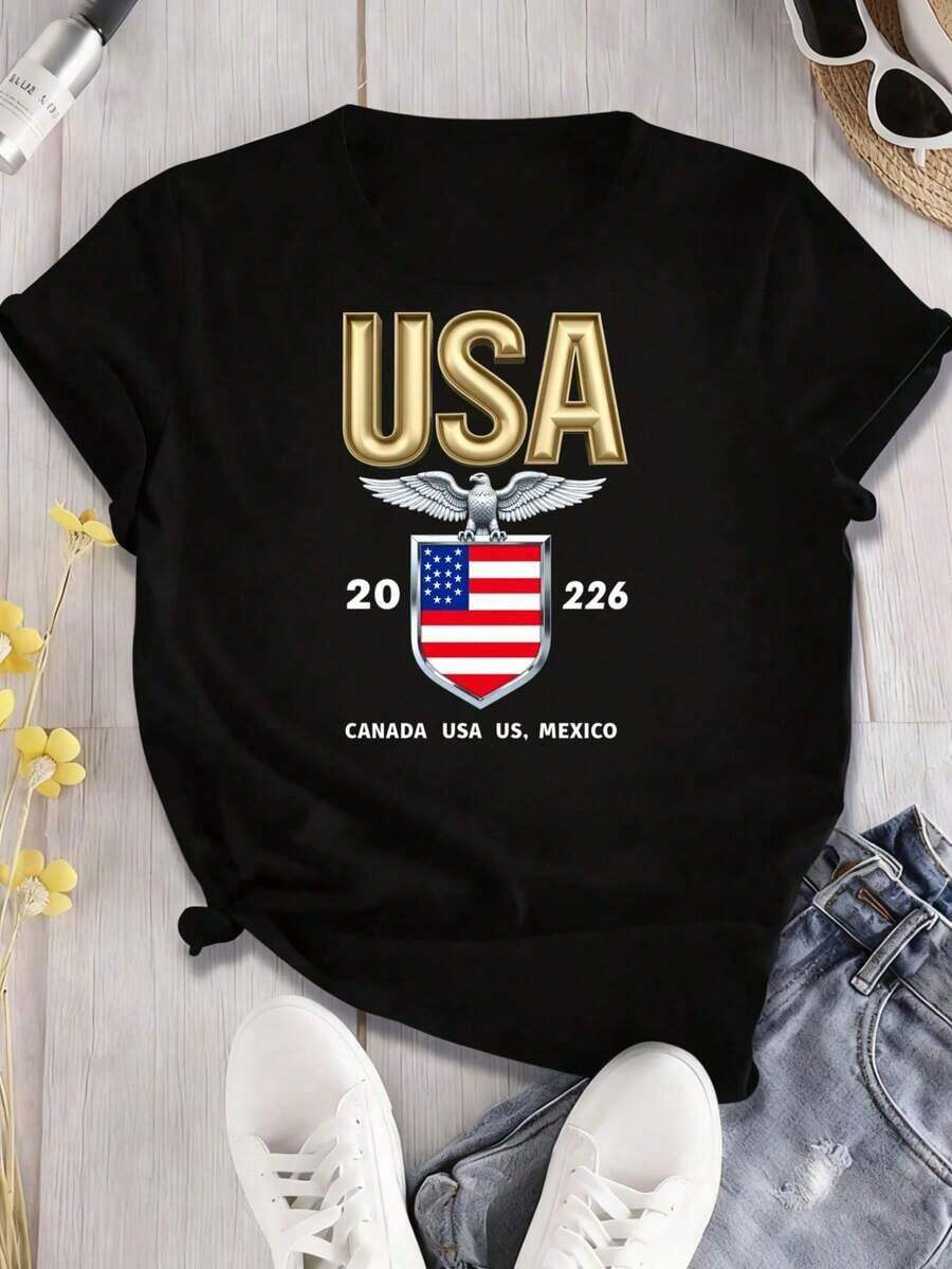 New And Popular 2026 Unisex Casual T-Shirt – USA 2026 World Cup T-Shirt – National Mascot Emblem, Collector's T-Shirt With Fun Print, Crew Neck And Short Sleeves, Suitable For: Sporting Events/Christmas Parties/Outings/Sports And Other Festive Gifts, Unisex T-Shirt - 黑色 - 查看 1