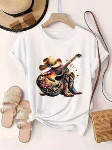 Women's Casual Short Sleeve T-Shirt - Guitar, Cowboy Hat, Boots, Stars, Flowers And Leopard Print, Round Neck, Summer Top, Machine Washable, Ladies' T-Shirts, Casual Wear, Modern Style, Comfortable Fit
Mrs. Black's Cool Summer Clothes - 白色 - 查看 2