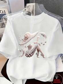 Women's Pink T-Shirt With 3D Floral Print And Pearls, Round Neck, Short Sleeve, Slim Fit, Casual Style For Spring Summer - Unisex Vintage Urban Style, Short Sleeve Cotton T-Shirt With Round Neck - 白色 1 - 查看 1