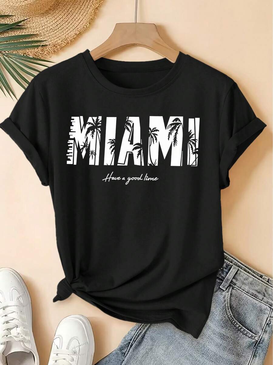Primavera/Verano 2026, Nueva Camiseta de Manga Corta para Mujer con Cuello Redondo y Estampado de Silueta de Palmera de Miami, Estilo Vintage Desgastado, Top Casual, Tela Suave, Ropa de Mujer de Alta Calidad.| Diseño Divertido y Peculiar| Adecuado para primavera, verano, otoño y desplazamientos diarios.| Pla - Negro - Ver 1
