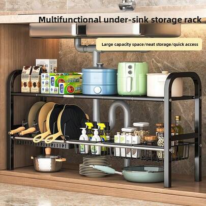 Large Capacity, Extendable Pot Organizer Rack, Under Sink Cabinet Organizer, Adjustable Pull-Out Pot Holder, Under Sink Storage Rack, Suitable For Kitchen Cabinet, Pantry Organizer, Kitchen Essential