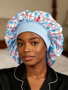 1 Stück blau karierter Kirschprint Satin Haarbonnet, breites elastisches Band Schlafkappe, weiche seidige Nachtkappe für lockiges Haar, Haarpflege Kopfbedeckung für Frauen - Babyblau - Übersicht 7