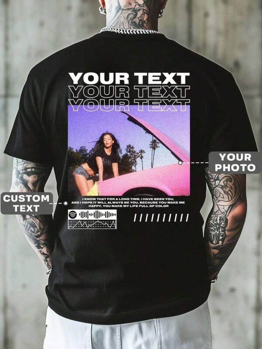 Customized Summer T-Shirt For Men With Printed Design On The Back, Upload Your Own Photos/Images/Selfies/Scenes, Personalize With Text/Blessings/Messages/Names, Round Neck, Short Sleeve, Black Color, DIY Design, Creative Gift, Stylish Autumn, Casual Street Style, Travel Organizer. - 黑色 - 查看 1