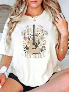 Women's T-Shirt, Boho Style Casual T-Shirt With Guitar And Flower Design And The Text "Then Sings My Soul", Summer And Spring Clothing For Music Lovers And A Gift For Friends And Family - 白色 - 查看 6