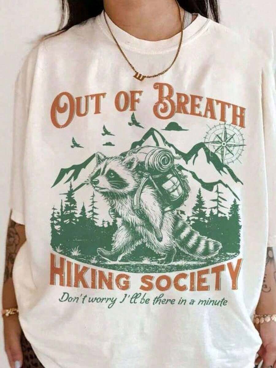 Out Of Breath Hiking Society T-Shirt, Hiking Raccoon T-Shirt, Funny Hiking T-Shirt, Nature Lover Sweater, MLAV Women's T-Shirts - 白色 - 查看 1