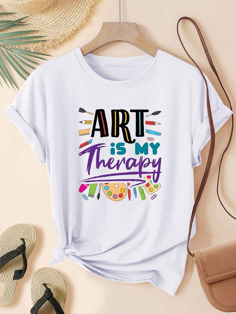 Women's Back To Season T-Shirt, Colorful Brush Series, Round Neck, Casual And Cool Style, Short Sleeve Sports Top, Multiple Colors Available, Sizes S-XXL, Suitable For Daily Leisure Activities. - 白色 - 查看 1
