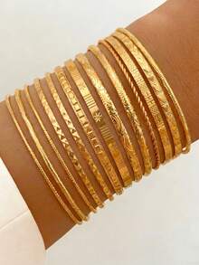 多件式復古極簡圖案誇張金屬手鐲手鍊套組，女款手鍊套組，適合休閒日常穿搭、情人節、度假、節日，給女性的理想禮物，珠寶，好閨蜜，夏季 - 金色 - 查看 3