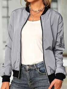 Jaket Ringan Wanita Kasual Musim Semi/Gugur dengan Kerah Baseball dan Resleting - Light Grey - View 8