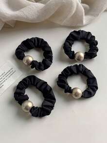 MH 4pcs Women Black Fabric Faux Pearl Hair Scrunchies, Suitable For Daily Use - Multicolor - View 7