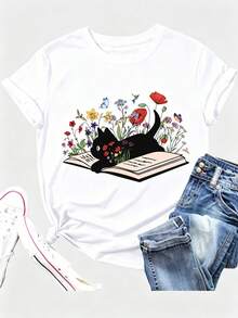 Limited Time Offer, Limited Quantities, Flash ! Women's Casual Shirts, Women's Polyester T-Shirts, Elegant Shirts. Women's Summer T-Shirt: Regular Fit, Crew Neck, With Book, Cat, And Floral Prints. - 白色 - 查看 3