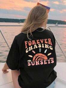 Women's High-End Summer T-Shirt, 1 Piece, Plus Size Short Sleeve T-Shirt With Printed Design, Perfect For Summer Wear. Also Includes A "Forever Chasing Sunsets" Print T-Shirt, Ideal For Beach Trips. - 黑色 - 查看 7
