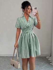 Women's Summer Shirt Dress, V-Neck, Raglan Sleeves, Crossover Waist Tie, Pink Stripes - Grey - View 4