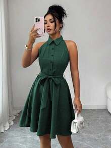 Elenzya Vestido de cuello de camisa sin mangas con tela de efecto lino de dos tonos y efecto de mezclilla, silueta en línea A, diseño elegante y romántico, adecuado para uso al aire libre - Azul lavado medio - Ver 7