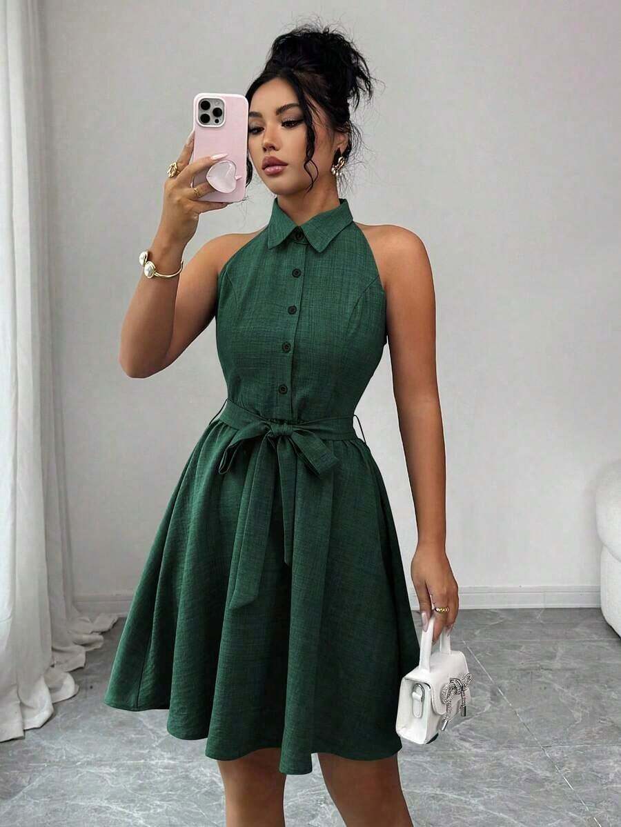 Elenzya Vestido de cuello de camisa sin mangas con tela de efecto lino de dos tonos y efecto de mezclilla, silueta en línea A, diseño elegante y romántico, adecuado para uso al aire libre - Verde - Ver 1