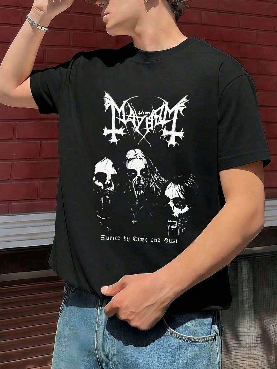 Short-Sleeved Men's T-Shirt With A Wide Fit. Vintage Gothic T-Shirt By The Band Mayhem, Soft Cotton, Comfortable Fit, Casual Look, Eye-Catching Print. New Arrival. Refined Design | A Must-Have For Summer | Easy To Combine | Show Off Your Style - Black - View 1