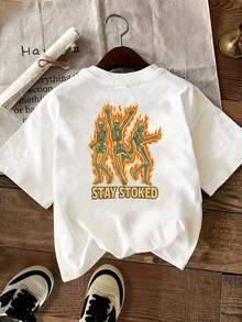 | Exquisite Design | Loose And Comfortable | Easy To Match | T-Shirt With Front And Back Print, Flaming Skull Design, "Stay Passionate" Print, Round Neck, Short Sleeves, Casual Style For Women, Comfortable Fit, Soft-Touch Fabric, Classic Design, A Must-Have Fashion Item For Women. - 白色 - 查看 2