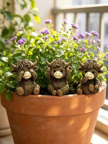 Highland Cow Resin Pot Hugger Set - Cute "See No Evil, Hear No Evil, Speak No Evil" Calf Figurines, Ideal For Plant Pot Edges, Balconies & Garden Decor. Adds Whimsical Farm Charm To Indoor And Outdoor Spaces,Garden,Outdoor Decor,Garden Stuff,Garden Statues - New Model - View 3