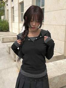 Women's Black Hooded Striped 2 In 1 Top, Autumn Casual - Black - View 5