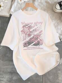 Women's Y2K Style Short Sleeve T-Shirt With Pink Star And Letter Print, New Summer Fashion, Versatile, Loose Fit, Round Neck, Y2K Top. Suitable For All Occasions. YMZU - 白色 - 查看 2